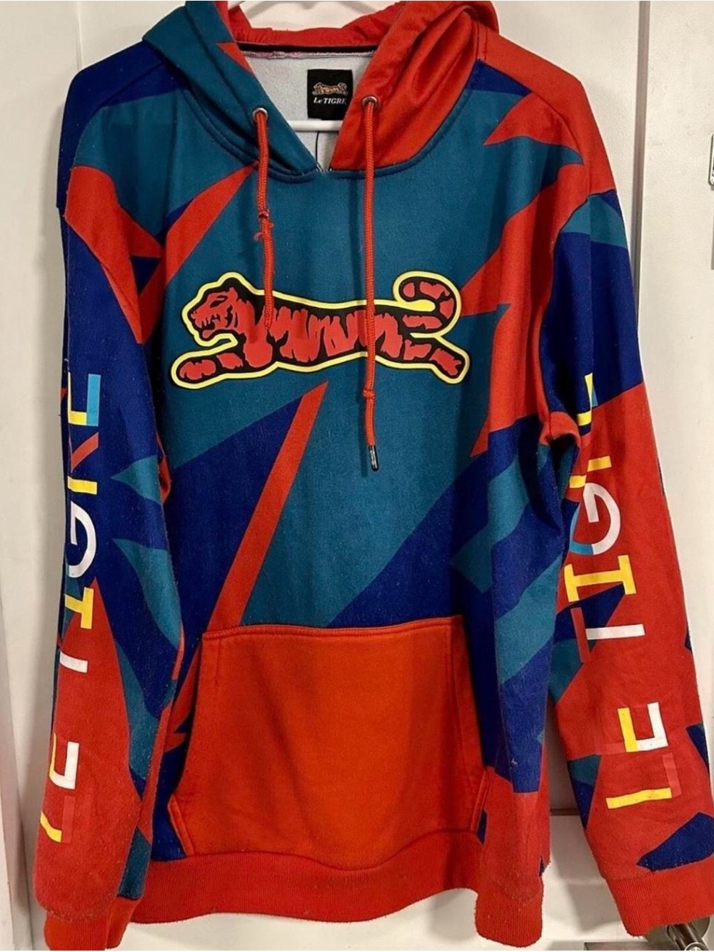 Vtg Le Tigre Colorblock Pullover Hoodie Sweatshirt Logo Men’s Size XL Blue Red